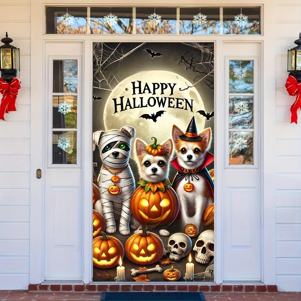 New Halloween door cover with cartoon pumpkin background cloth - high-end theme party decoration hanging cloth - custom order