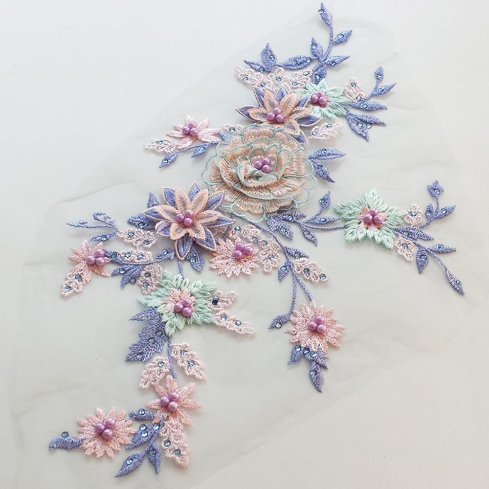3D Flower Floral Embroidered Patches Pearl Stamen Flower Patches DIY Clothing Decoration