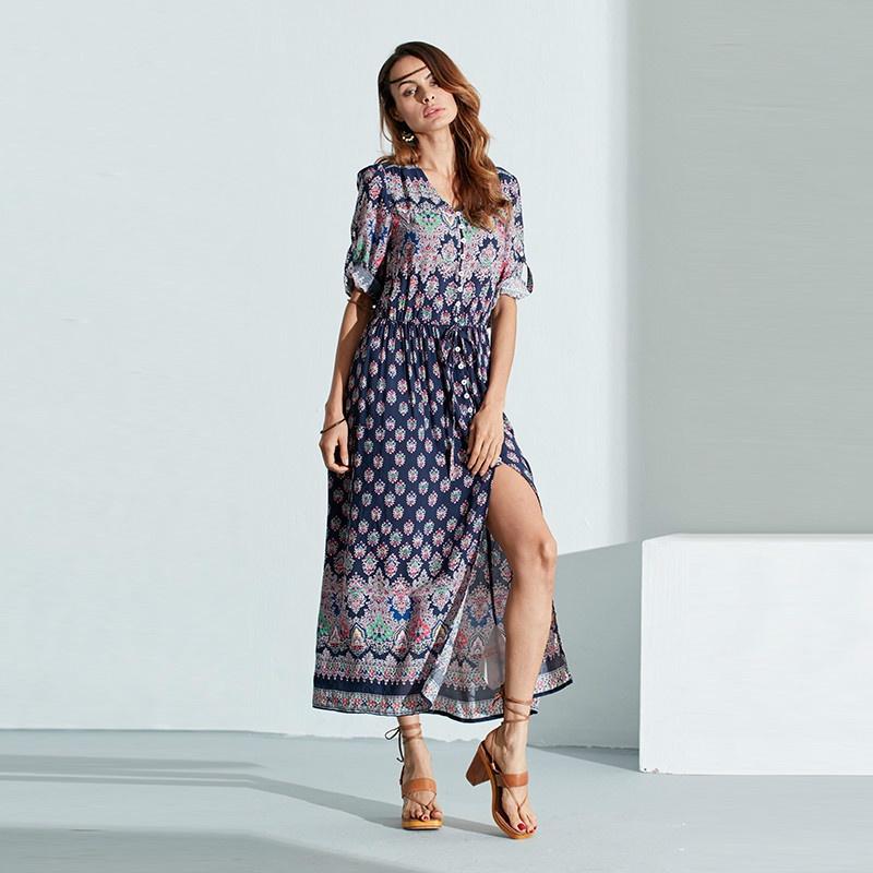 Elegant Women Boho V Neck Long Maxi Dress With 3/4 Sleeve For Party And Evening Events