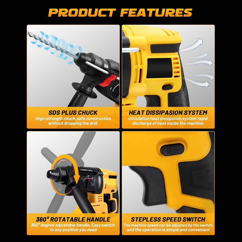 3 in 1 Brushless Electric Hammer Drill Multifunction Impact Hammer for Steel Concrete Wood For Makita/Dewalt/Milwaukee Battery