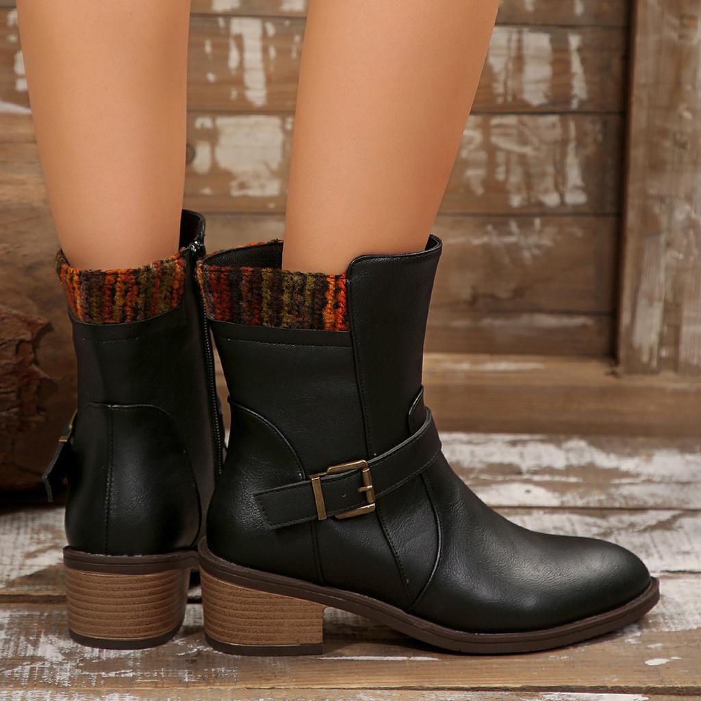 Foreign Trade Autumn and Winter Women's Shoes Belt Buckle Thick Heel Mid-tube Boots New British Style Commuting Simple Casual Fashion Boots