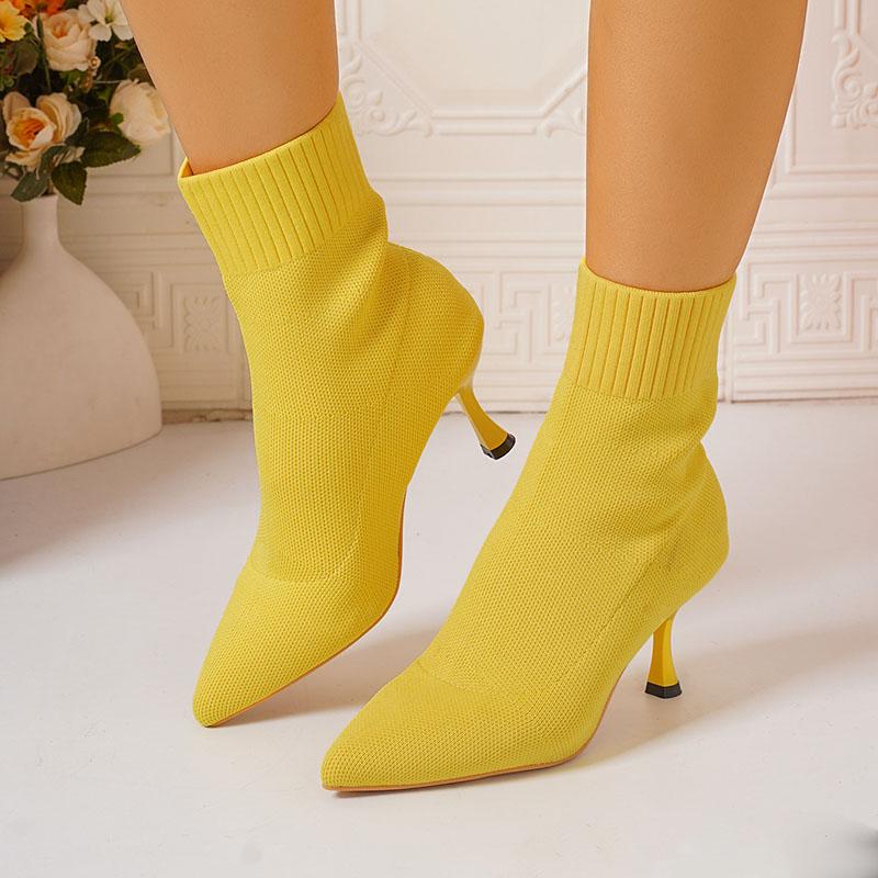 Mode Comemore Dam Elastiska Stövelstrumpor Höst Vinter Stilett Höga Klackar Stickade Ankelskor Dam Slip-On Spetsig Tå Klackade Botines