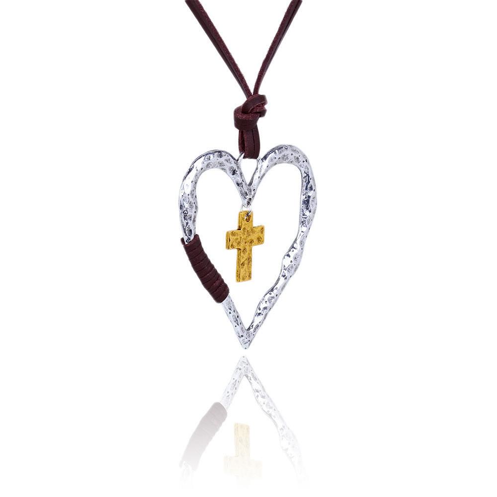 Vintage Heart Shaped Cross Pendant Necklace Elegant Retro Alloy Jewelry Gift For Women