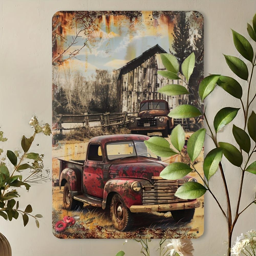 Vintage Truck and Dog Metal Tin Sign - 8x12" 2D Flat Rustic Farmhouse Wall Art, Home Bar Garage Decor