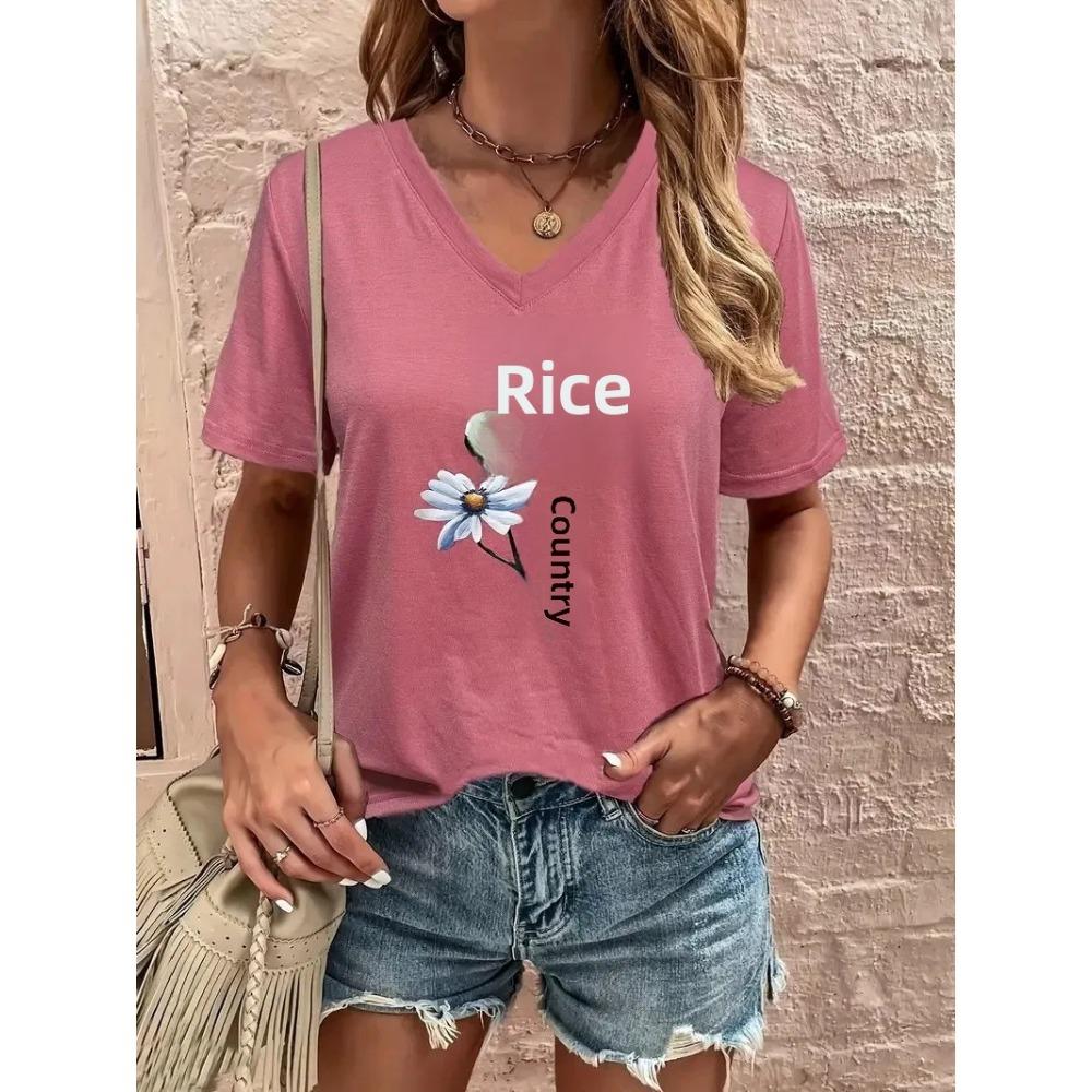 Summer Women's T-shirt Cat Pattern Printing V-neck Short-sleeved Loose Oversized Clothes