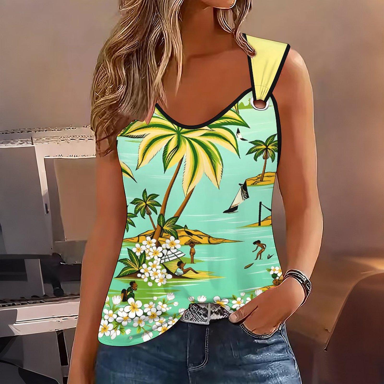 

Ladies Outdoor Casual Sports Double Loop Buckle Vest with Flower Print Pattern ,V-neck, Sleeveless, Medium Stretch Fabric S зелёный