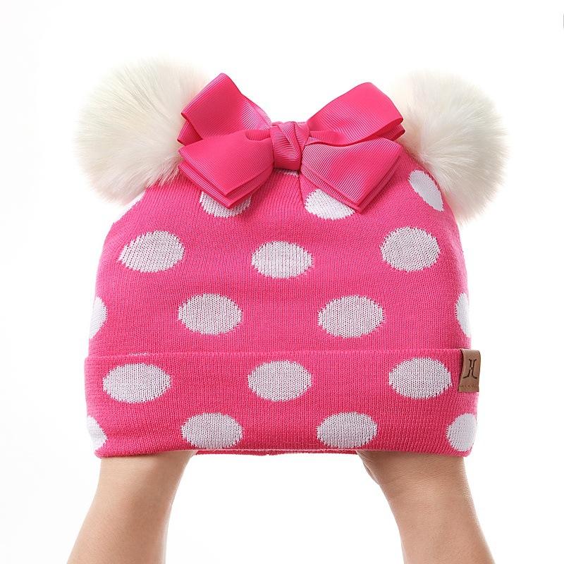 Bow Knot Polka Dot Woolen Hat Scarf Two-piece Set for Autumn and Winter Girls and Babies, Warm Set