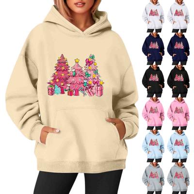 Damen Sweatshirts O-Ausschnitt Langarm Weihnachten Bedrucktes Oberteil Einfarbig Kapuzenpullover