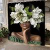 African American Olive Green Shower Curtain Black Girl Flower Oil Painting Art Bathroom Accessories Decoration with 12 Hooks