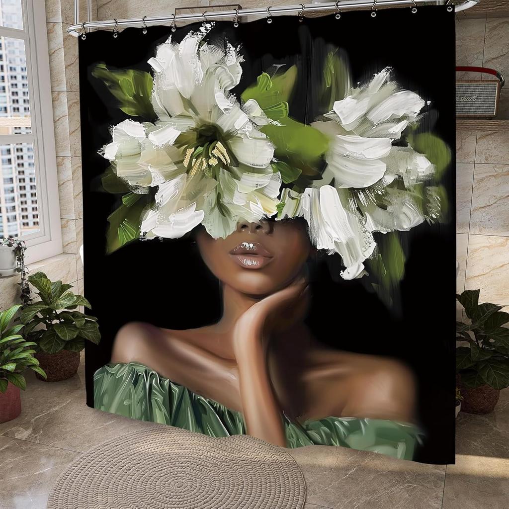 African American Olive Green Shower Curtain Black Girl Flower Oil Painting Art Bathroom Accessories Decoration with 12 Hooks