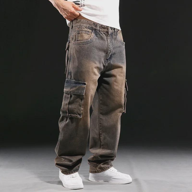 Men's American-Style Multi-Pocket Wide-Leg Loose Workwear Jeans, Large Size