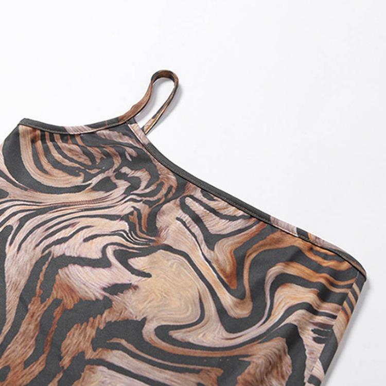 Dress Spaghetti Strap Slim Sexy Summer Tiger Pattern Khaki Split Fork Neck Lady Women Dress