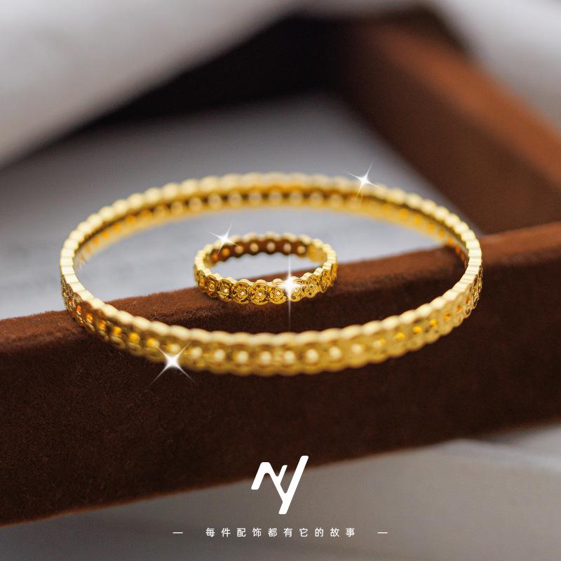 Sand Gold Crushed Ice Money Duoduo Copper Coin Ring, Light Luxury Hollow Coin Closed Ring Plain Ring
