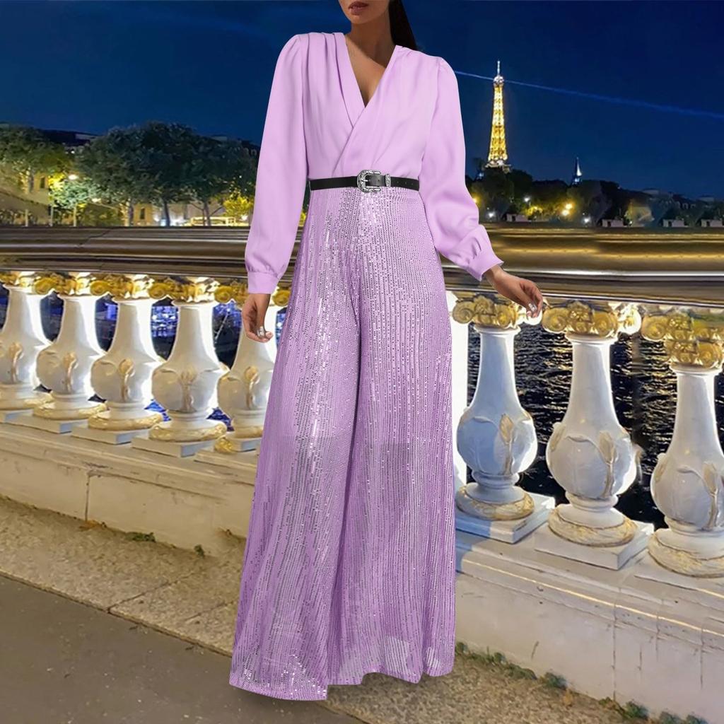 Blouse Fashion pour Femme à Col en V et Manches Longues Élégante et Gracieuse Taille Cintrée pour une Silhouette Flatteuse Combinaison à Jambes Larges Ornée de Sequins