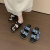 2025 Summer New Denim Casual Flat Bottom Square Head Buckle with Slippers Women's Sandals Wear Versatile Slippers Women's Trend