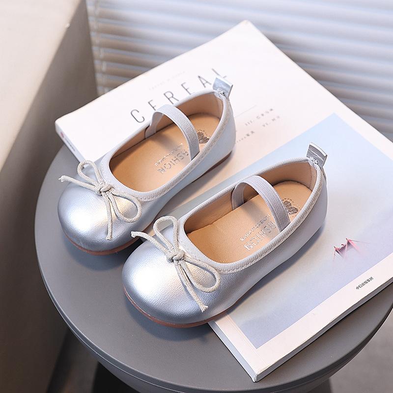 Girls Leather Shoes Round Toes Simple Bow Kids MaryJanes Slip-on Soild Color Versatile 2025 Brand New Children Flats Dance Shoes