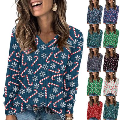 Women's Fashionable Loose-Fit V-Neck Long-Sleeved T-Shirt Christmas Print Pullover
