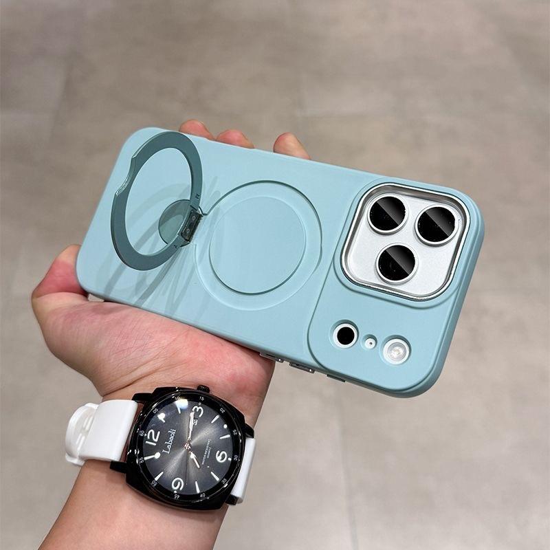 Rotating Bracket Phone Case For iPhone 17 16 15 14 13 Pro Max Luxury Liquid Silicone For Magsafe Magnetic Metal Cover