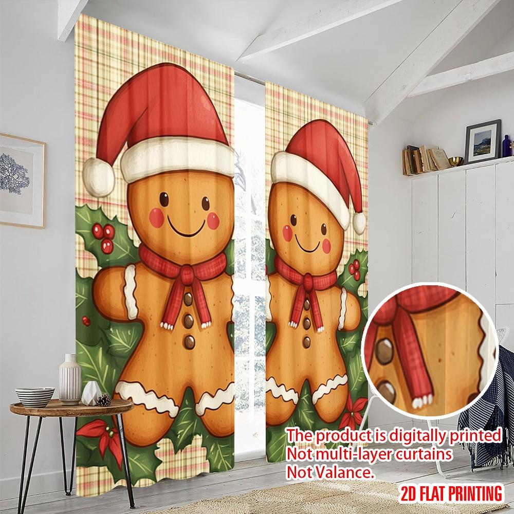 2 Stück, 2D-Flachdruck Fenster Vorhang Niedliches Lebkuchenpaar Weihnachts-Stechpalme (3) Vielseitiges Polyester (ohne Stange) Dekorationen