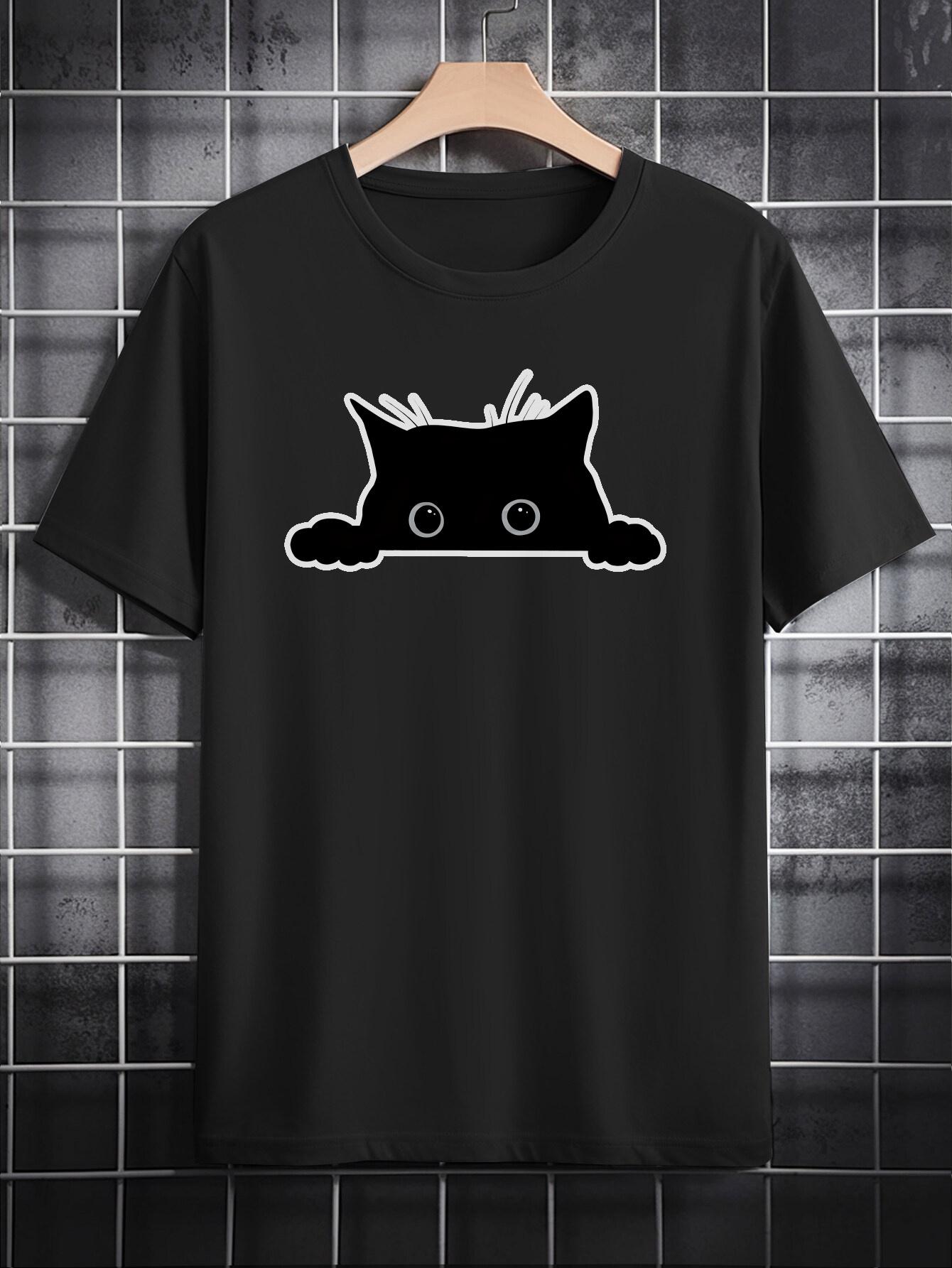 Casual Short Sleeve T-shirt with Playful Black Cat Graphic Print - Soft Round Neck Summer Tee S