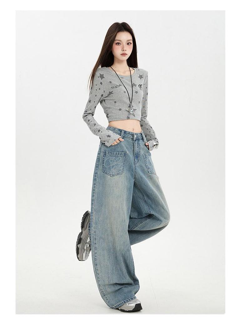 Amerikanische Retro-Stickerei Damen Wide-Leg Jeans - Herbst 2025 Kollektion