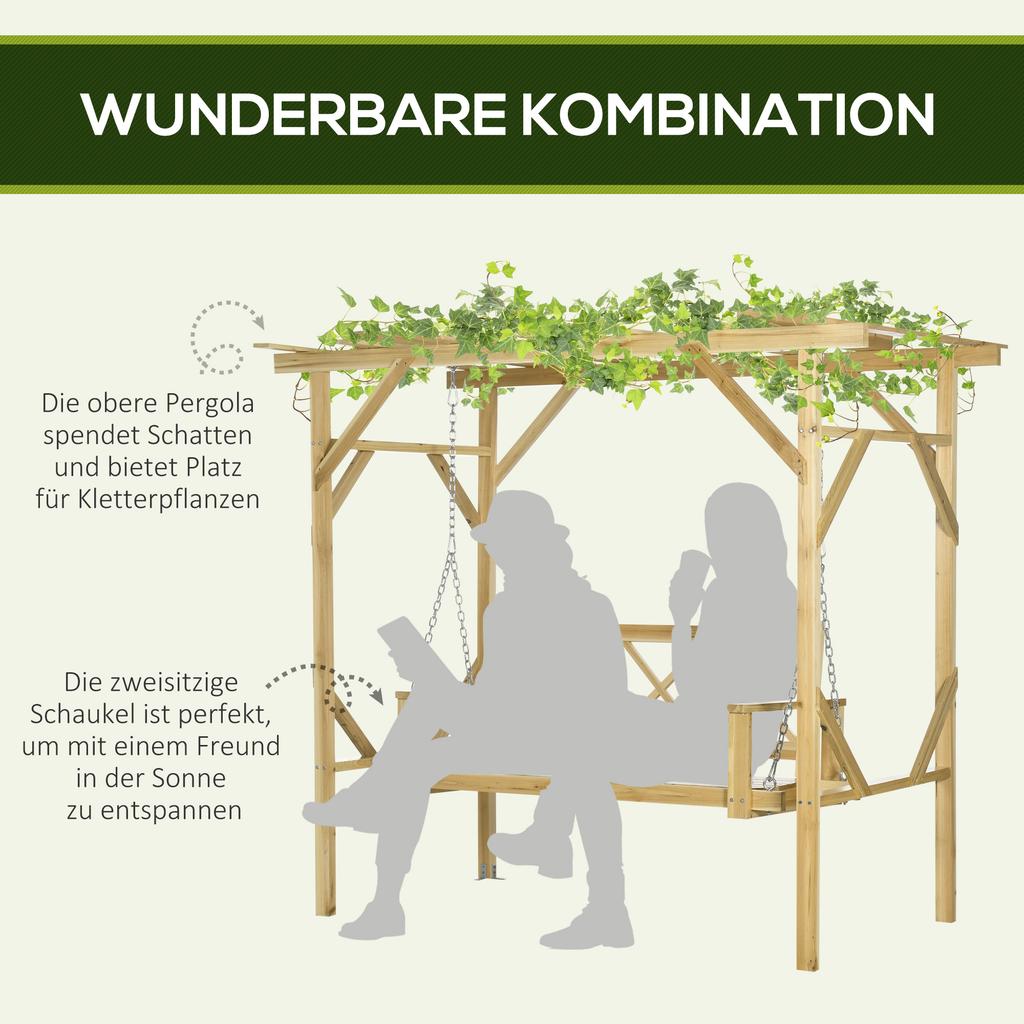 Swing Bench with Pergola, for 2 People, Height-adjustable, Solid Wood Frame, 2.21 X 1.40 X 1.96 M