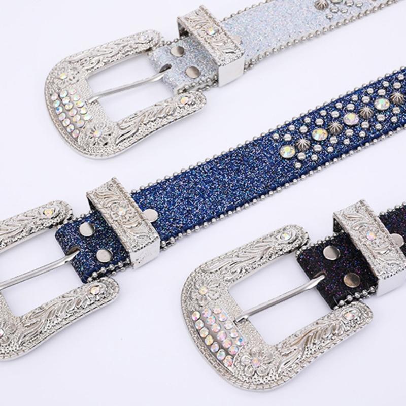 Rhinestones Studded Western Leather Belt Bling Waist Belts for Dresses Pants
