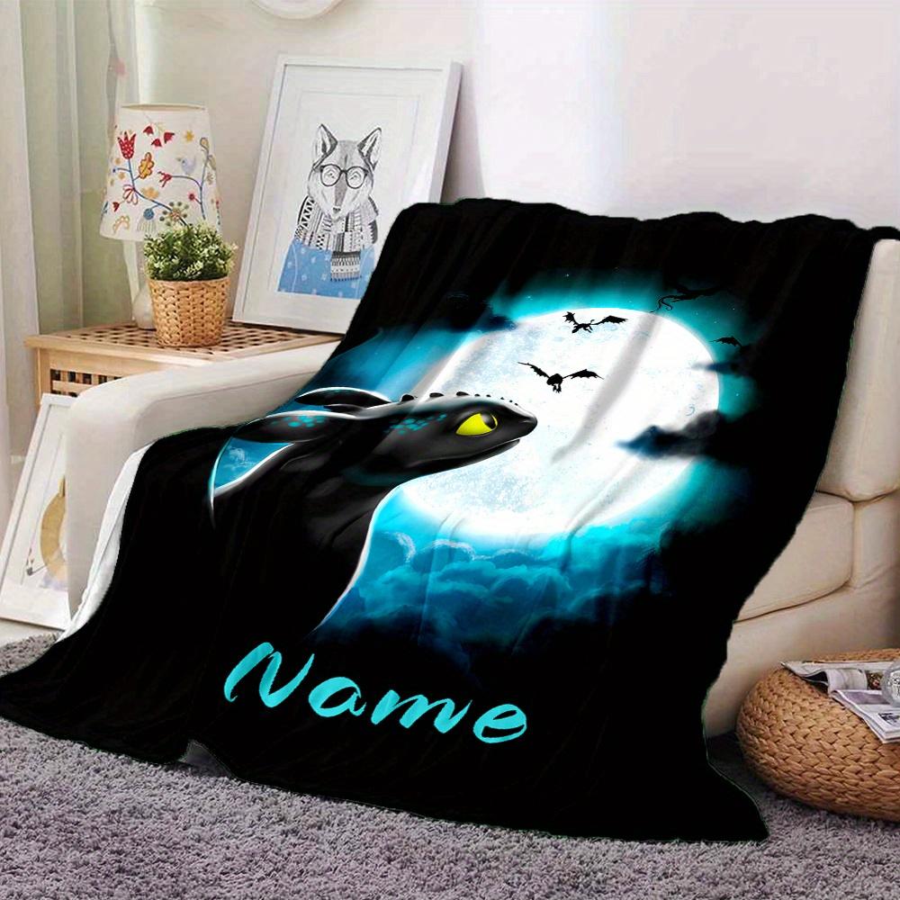 Toothless Dragon Full Moon Night Scene Flannel Blanket With Customizable Name Comfortable In All Seasons Suitable For Sofas Beds Travel Camping And