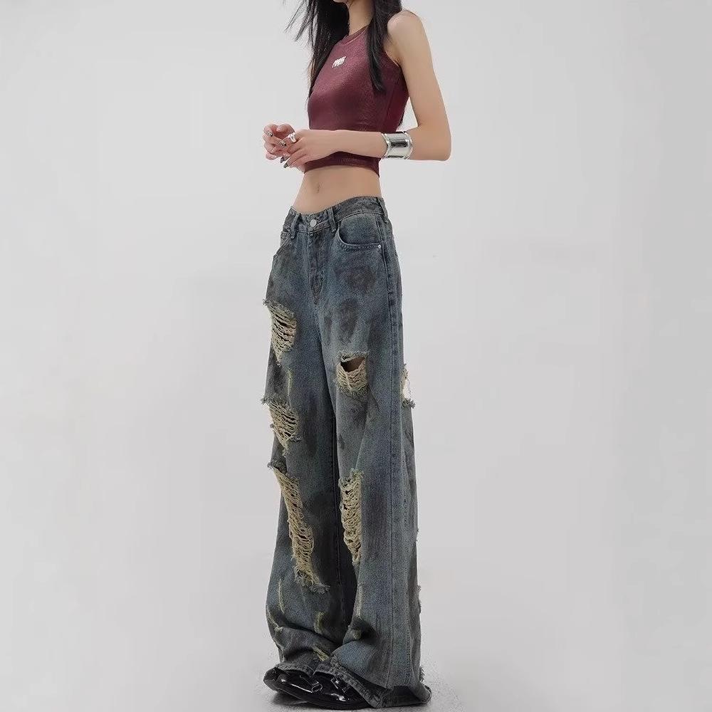 Retro džíny s vysokým pasem a širokými nohavicemi ve stylu Wasteland s cákanci a rozparky pro ženy - Podzimní design