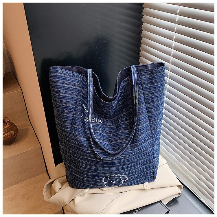 

Двусторонняя холщовая сумка с полосками на спине, женская сумка-тоут большой вместимости в ленивом стиле, студенческая сумка для досуга и шоппинга джинсовый синий
