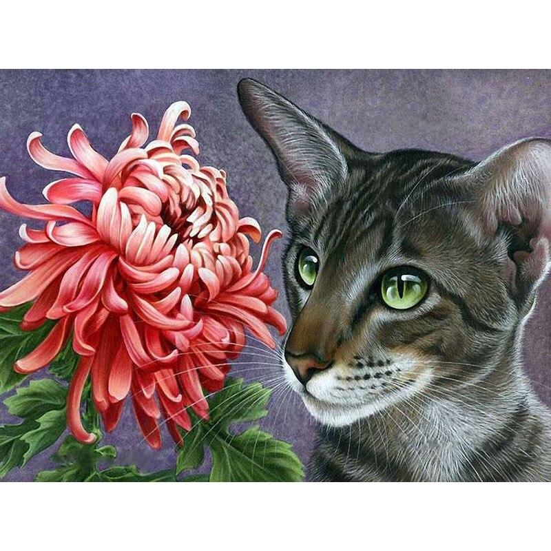 Nuovo 5D Pittura Diamante Fai da Te Gatto Fiore Ricamo Diamante Animale Punto Croce Trapano Rotondo Completo Decorazione Casa Arte Manuale Regalo