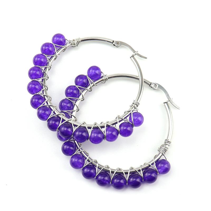 

Silver Stainless Steel Large Loop Earrings Earrings Winding Natural Stone Original Bead Crystal Agate Bead Earrings E26 Stainless steel ring аметист