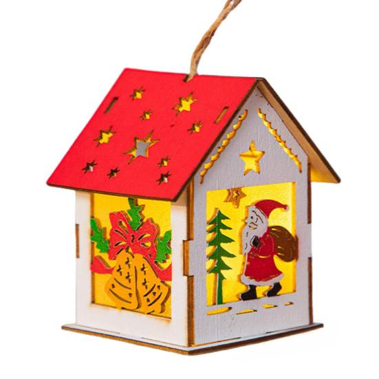 Yousheng Wooden Christmas Decor with LED Light 3D Carved Hanging Wood Star/Village House/Bell/Gift Box Ornament for Xmas Tree Decor