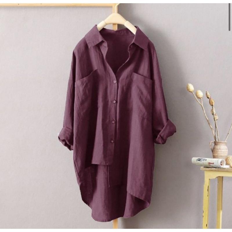 Women Oversized Long Linen Shirt Lapel Pocket Button Down Loose Casual Long Tunic Blouse