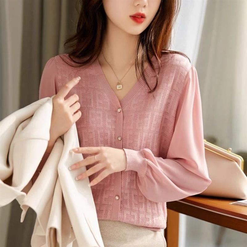 Fashionable Knitted Women's Autumn Wear Micro Transparent V-neck Long Sleeved Top T-Shirts Women’s
