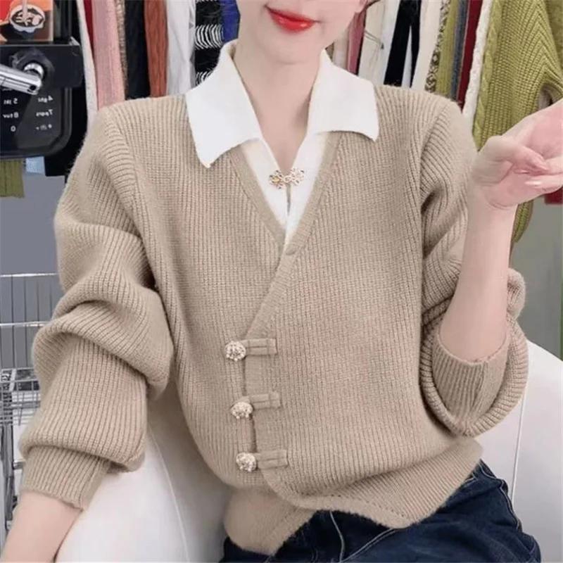 Fake Two Pieces Stitching Knit Sweater Cardigan Women Autumn Winter Temperament Casual Knitted Female Knitwear Sweater Tops