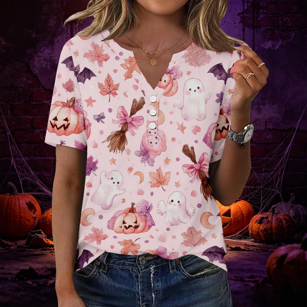 Women's Casual Halloween Print V Neck Short Sleeve Button Decor T Shirt Top Lightweight Comfortable Fit for Everyday Wear
