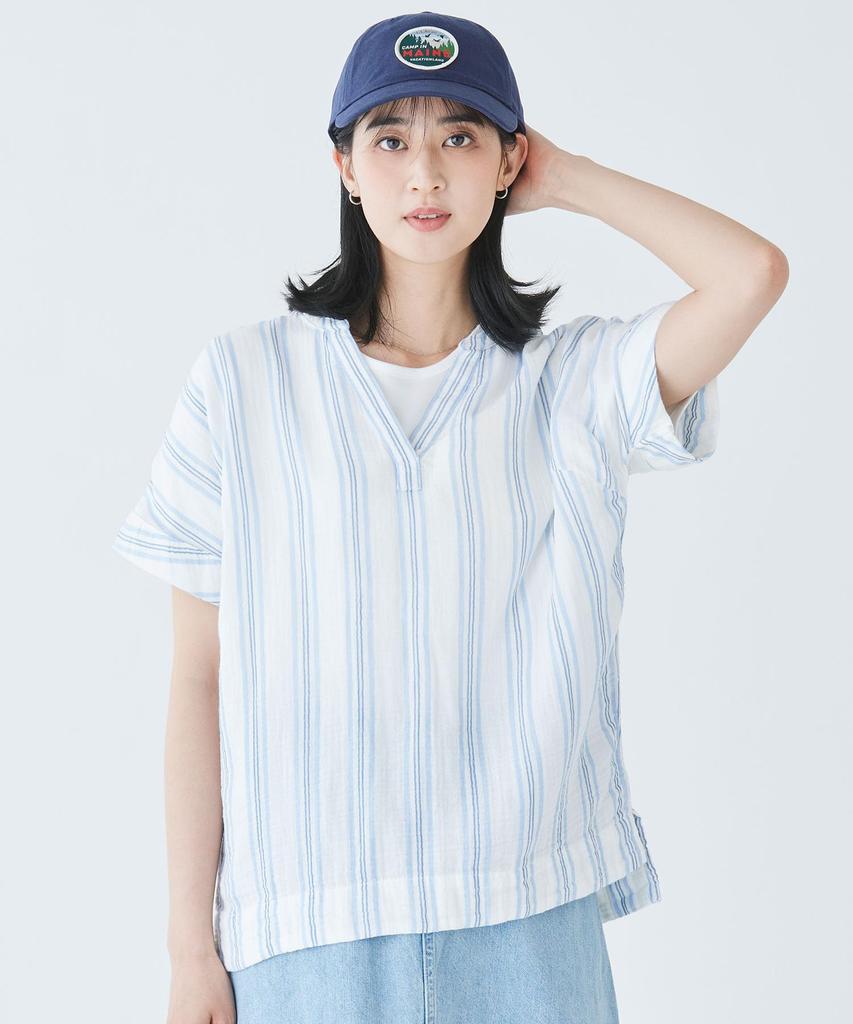 LL Bean Cloud Gauze Short Japan Brightwater Blue 1000274189 Women's Shirt, Sleeve, Fit, XL, Stripe, Multicolor,