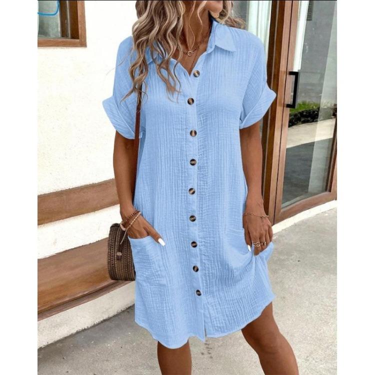 Loose Casual Midi Dress Women Solid Color Single Breasted Short Sleeve