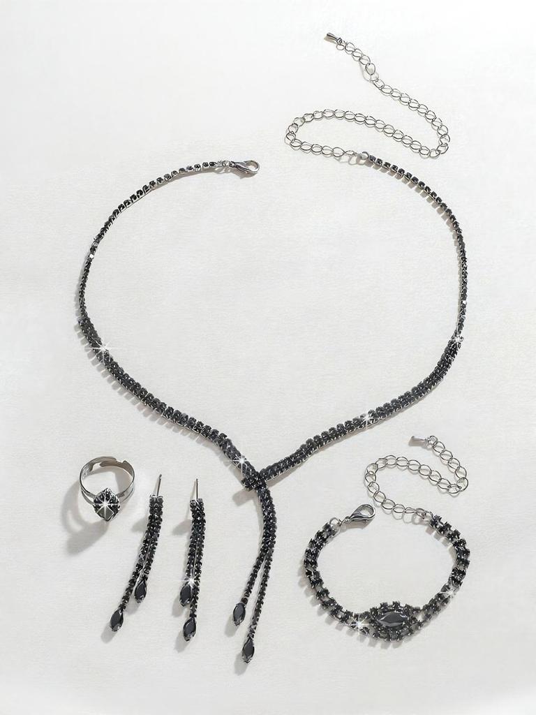 Elegant Full Diamond Jewelry Set: Necklace, Earrings, Bracelet, Ring for Weddings and Banquets