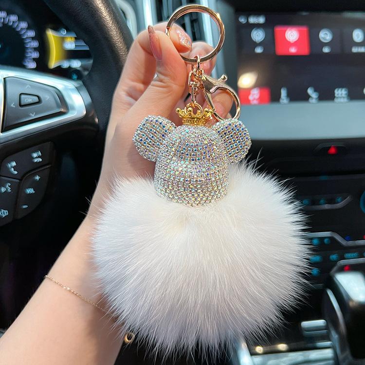 Portachiavi creativo a forma di orso con strass, pelliccia, pelliccia di volpe, portachiavi per auto, ciondolo per borsa, piccolo regalo alla moda