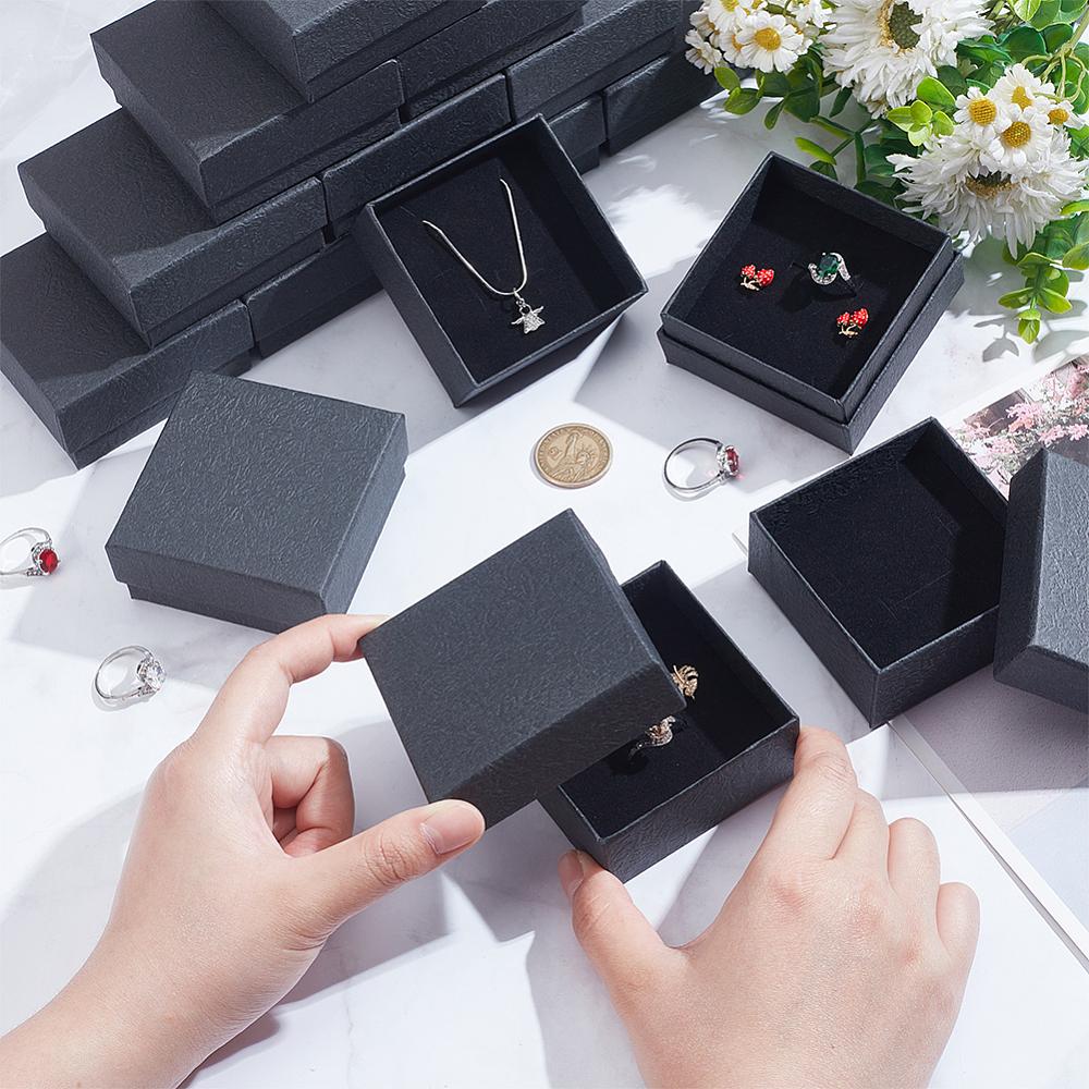 1set Texture Paper Jewelry Gift Boxes with Sponge Mat Inside Square Black 9.1x9.1x2.9cm Inner Diameter: 8.5x8.5cm Deep: 2.6cm 16pcs/set