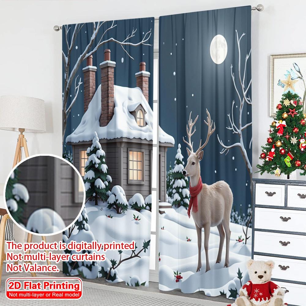 2pcs 2D Flat Printing Merry Christmas Popular Curtains Winter Deer House Snow 100% Polyester Without Electricity Party