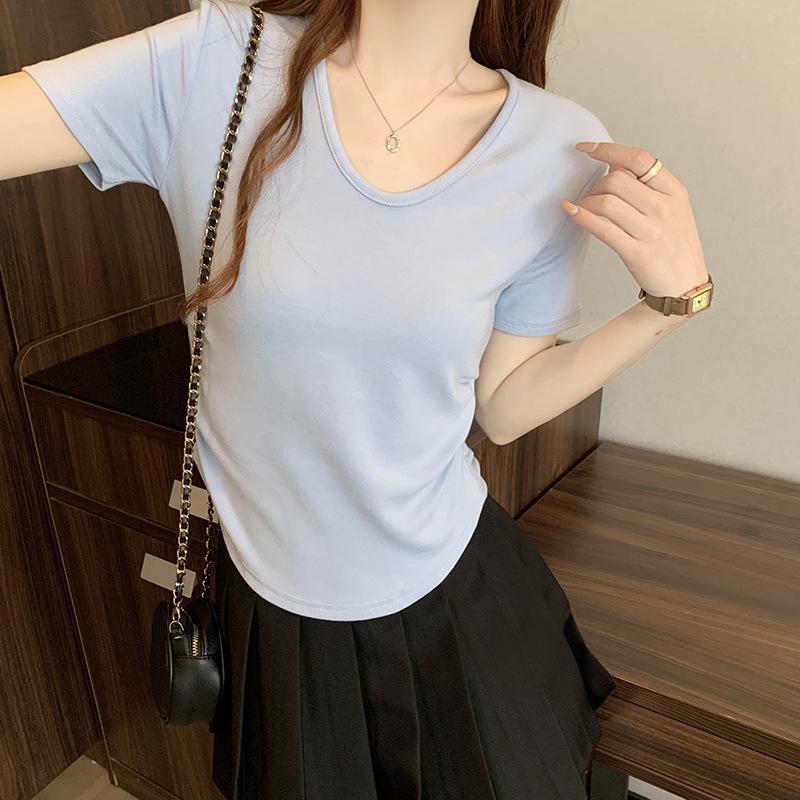 2026 Summer Plus Size Women's Korean Style Youthful Solid Color Ruffled Short Sleeve T-Shirt