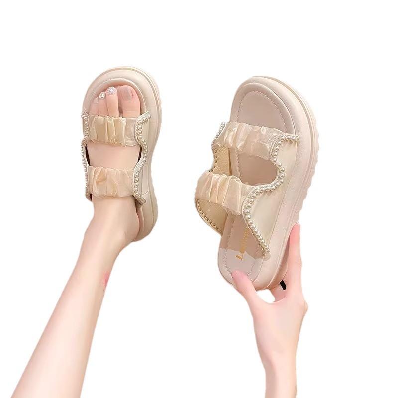 Platform Sandals Women's Summer Wear 2025 New Fairy Style Roman Shoes Pearl Soft Sole Beach Cool Slippers