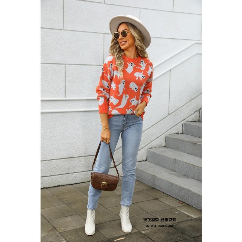 Women Pullover Halloween Sweaters Ghost Print Jumpers Long Sleeves O Neck Loose Slight Strech Casual Office Lady 2025 Autumn