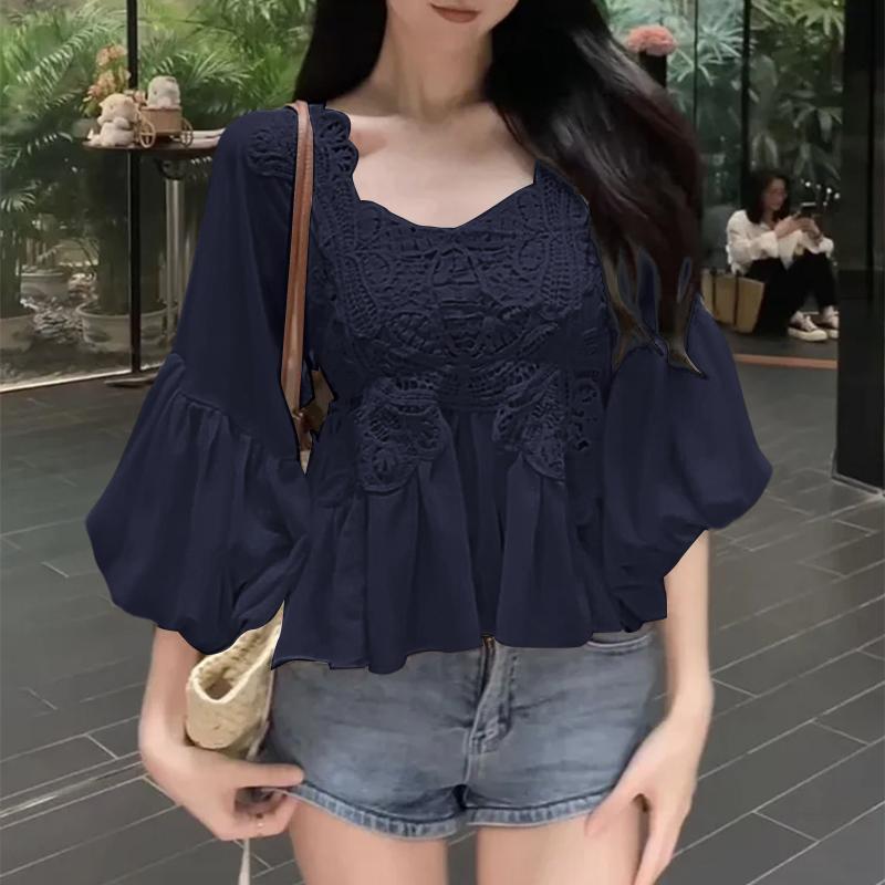 ZANZEA Women Square Neck Casual Crochet Patchwork Summer 3/4 Sleeve Blouse