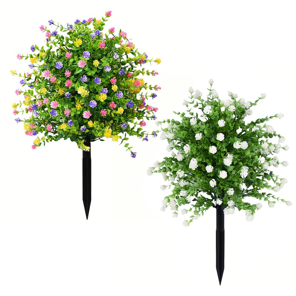 2pcs Outdoor Artificial Greenery Trees with Faux Eucalyptus & Camellia Flowers, Ground Stakes Included - Perfect for Garden, Patio, All-Season Decor