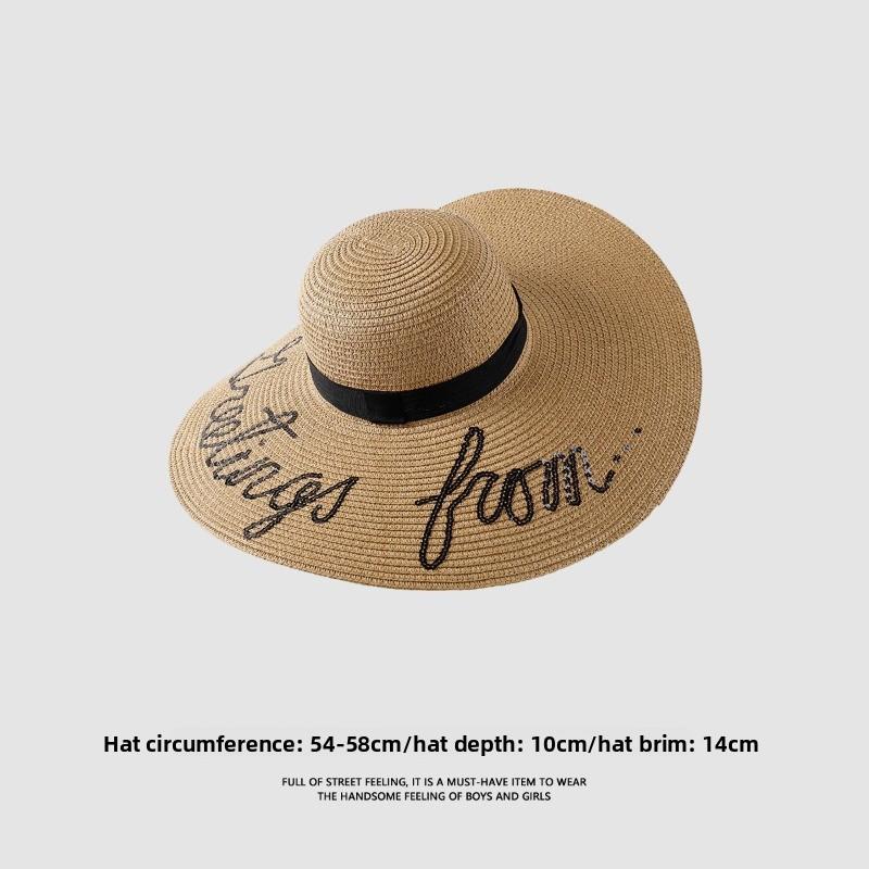 Straw Hat Women's Summer Beach Hat Sun Protection UV Protection Sun Hat Large Brim Straw Visor