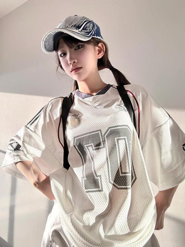 Unisex White Mesh Short Sleeve T-Shirt with American Retro Graffiti Print